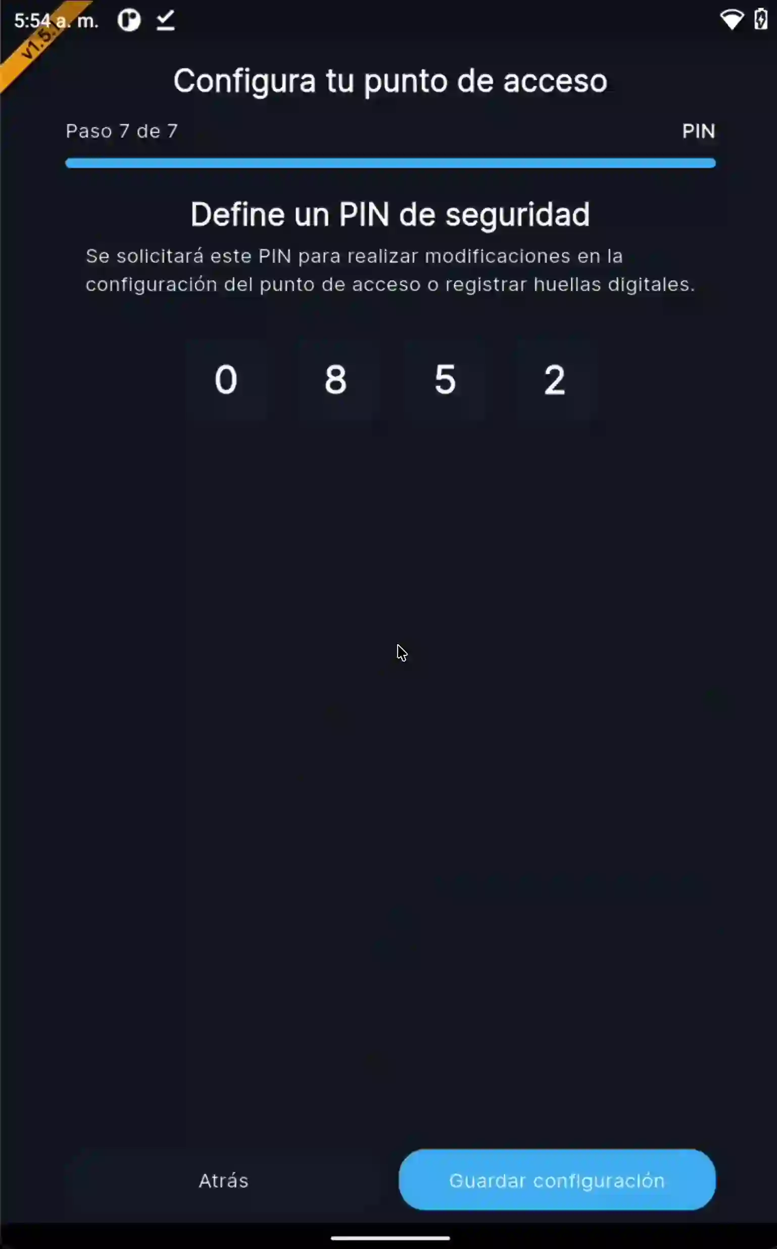 Paso 7: Definición del PIN de acceso