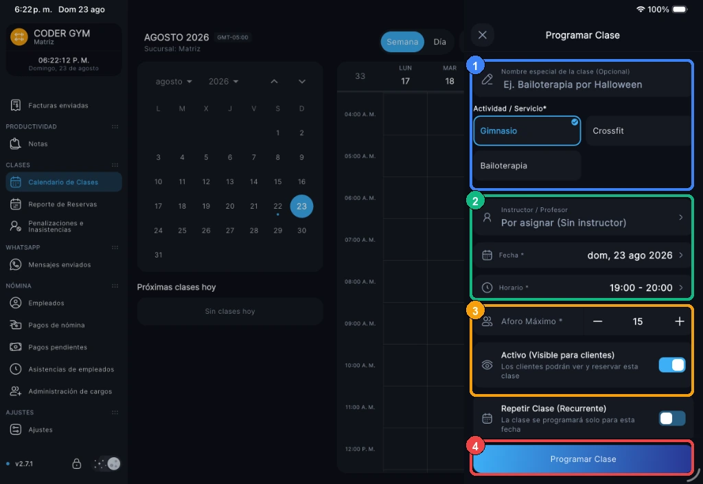 Formulario de programación de clase con campos principales