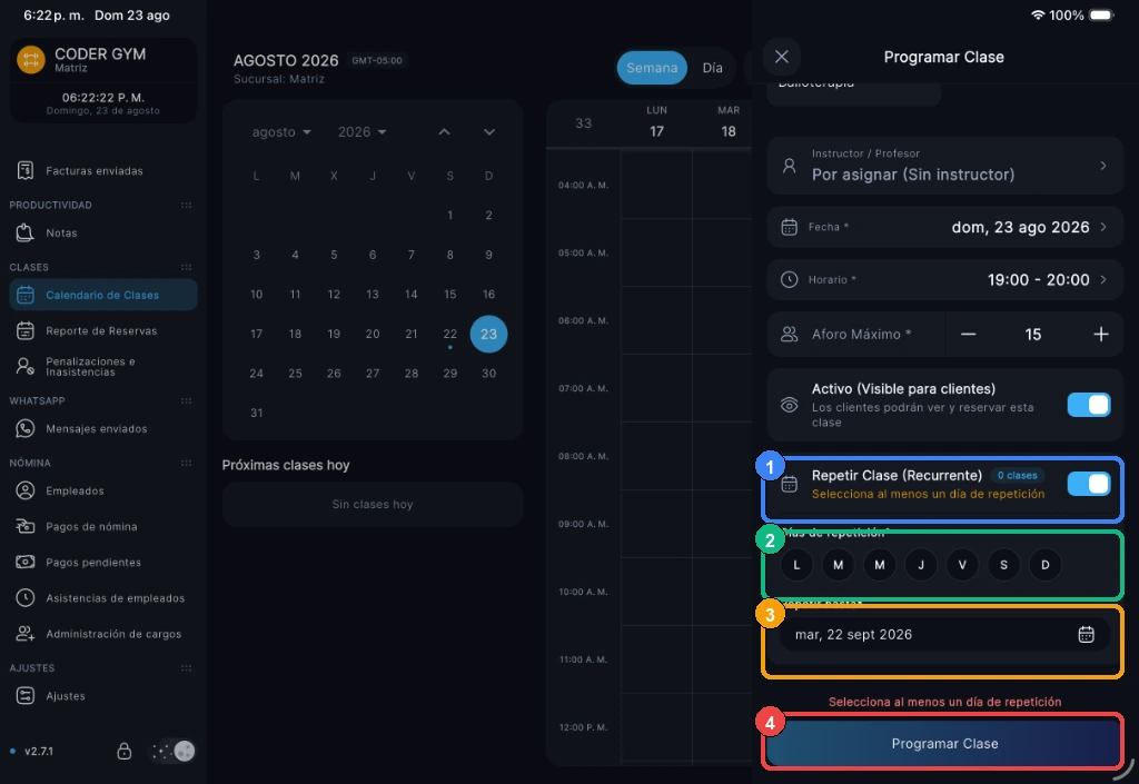 Configuración de repetición y días de la serie recurrente