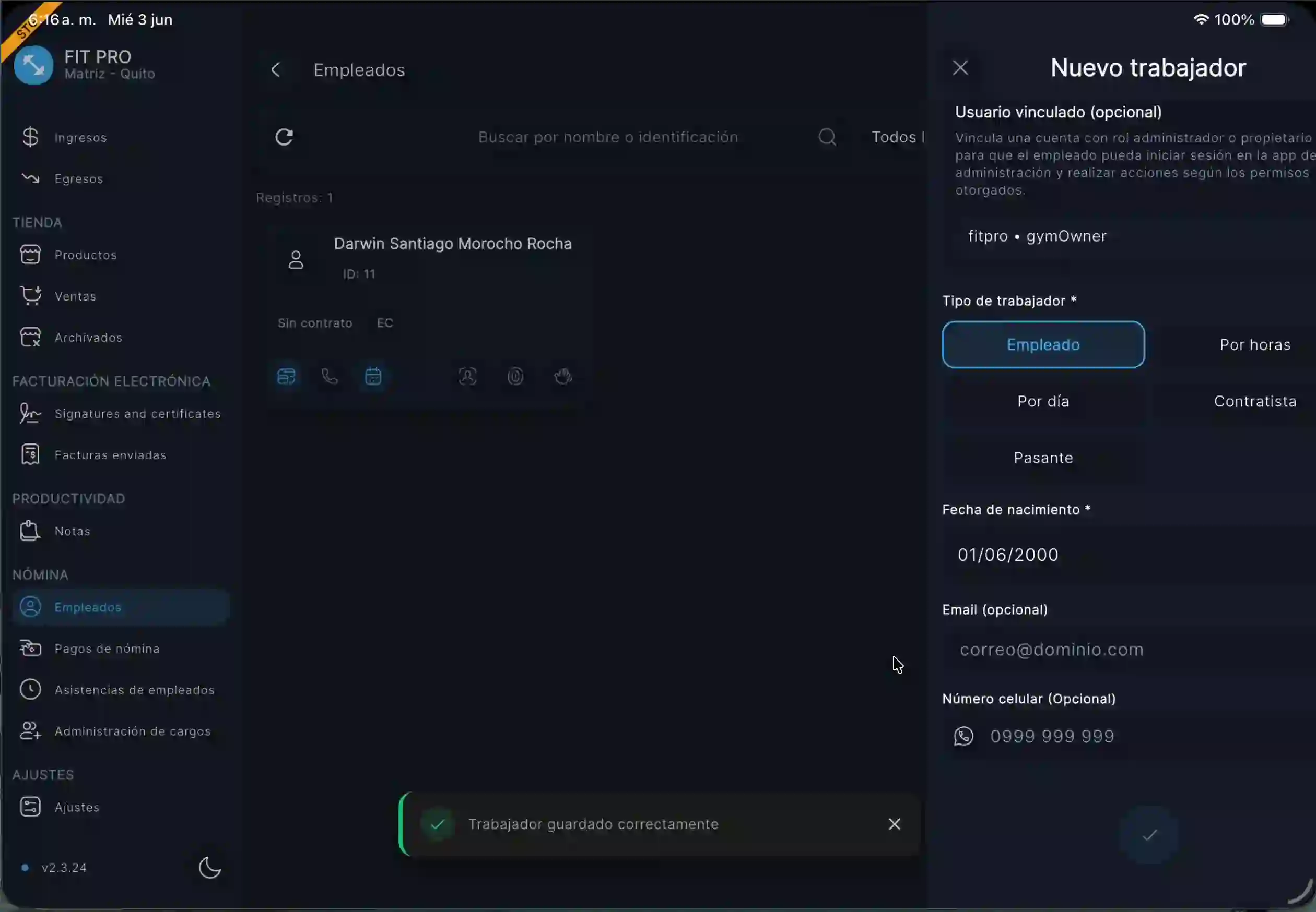 Empleado registrado y listado con éxito