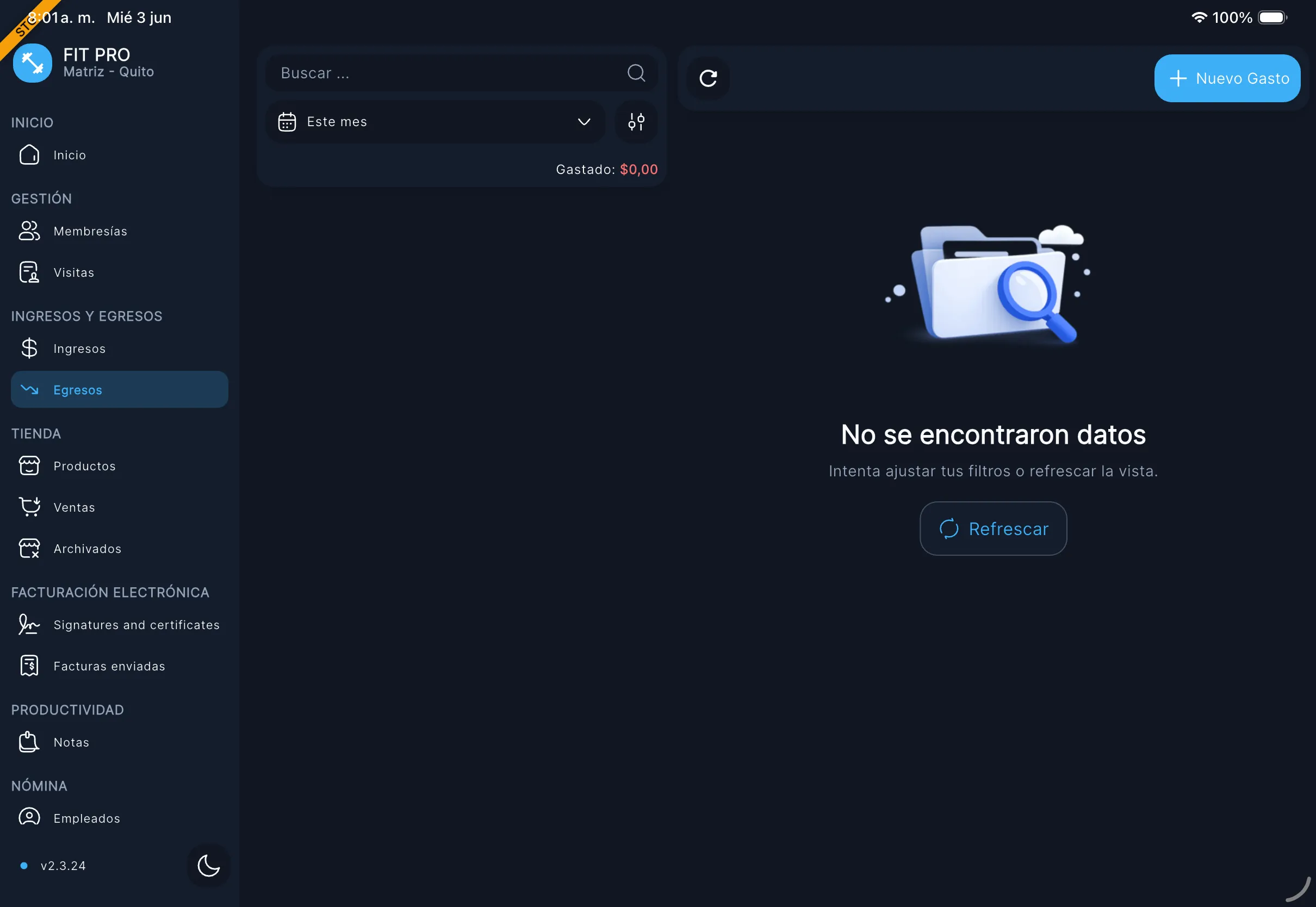 Listado de egresos inicial y vacío
