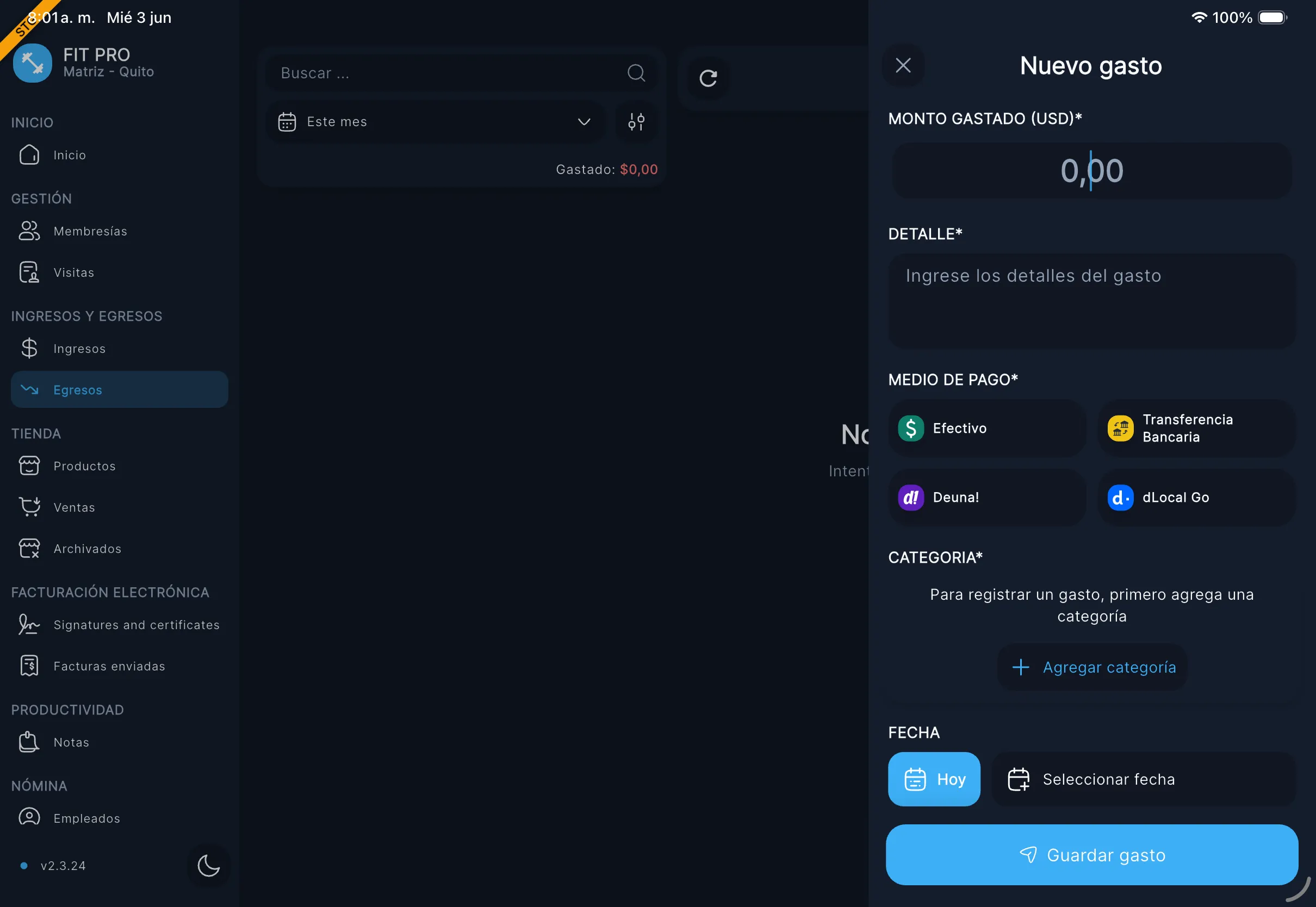 Aviso de categoría faltante en panel de Nuevo gasto