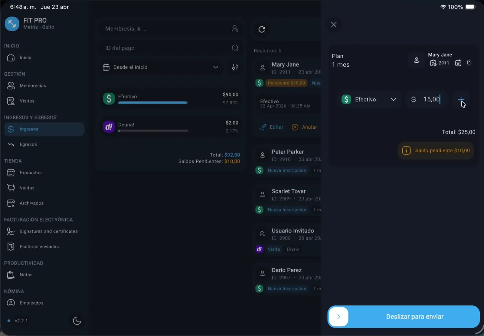 Panel previo a actualizar el pago