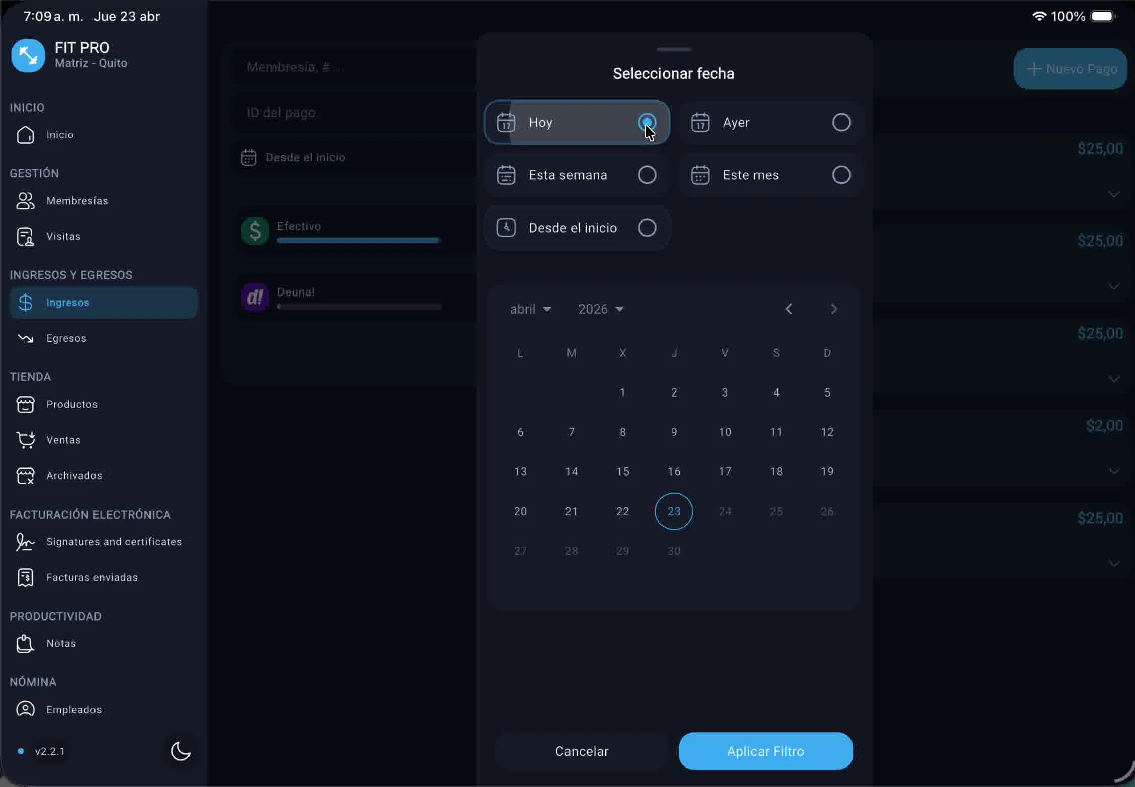 Selector de fecha para filtrar pagos