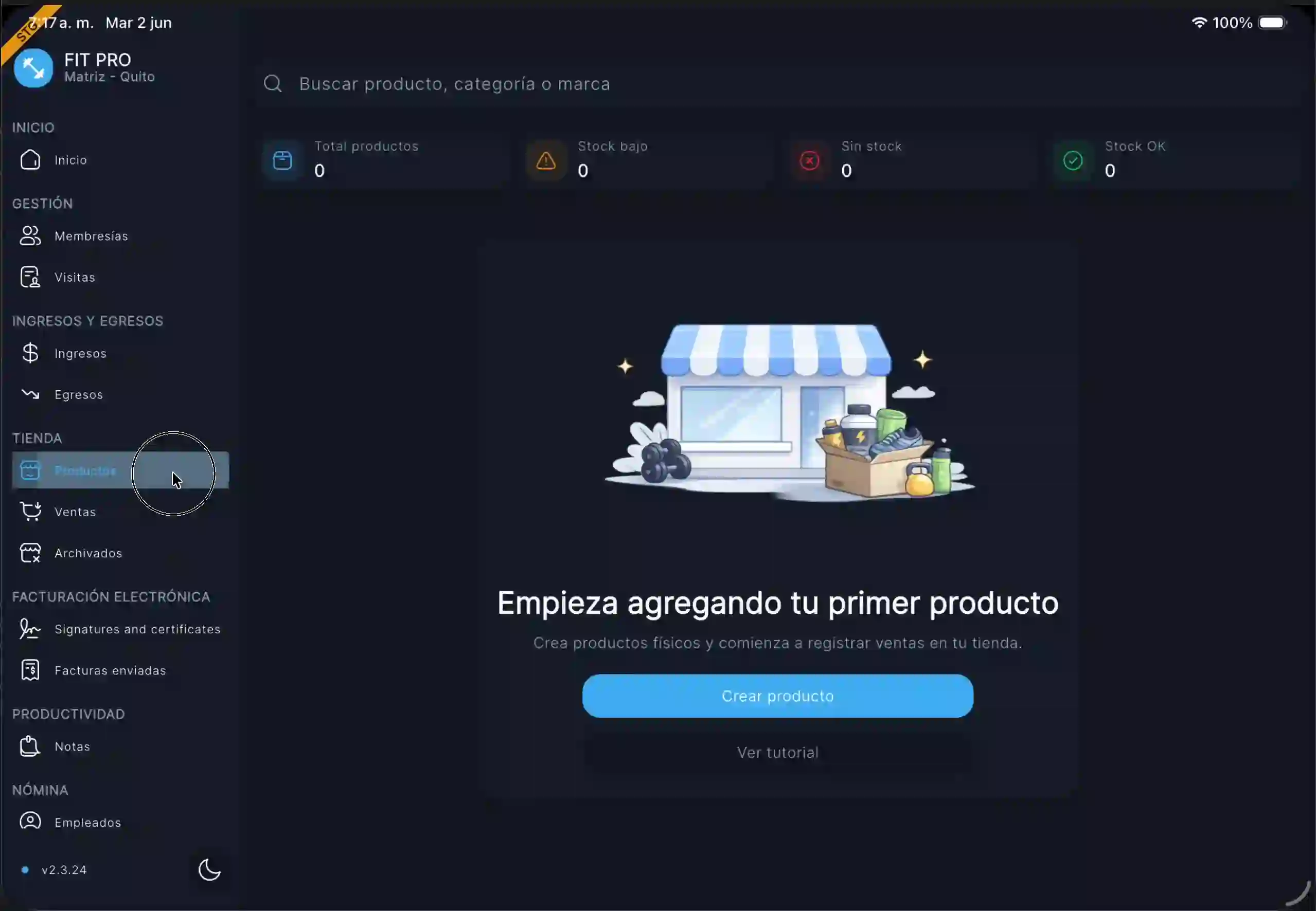 Pantalla inicial de la tienda vacía