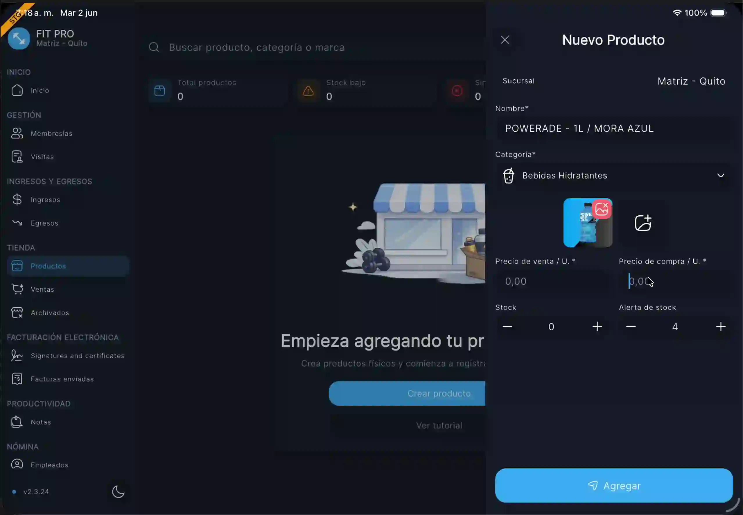 Formulario de nuevo producto completado