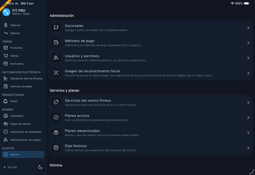 Listado de Ajustes de la App de Administración