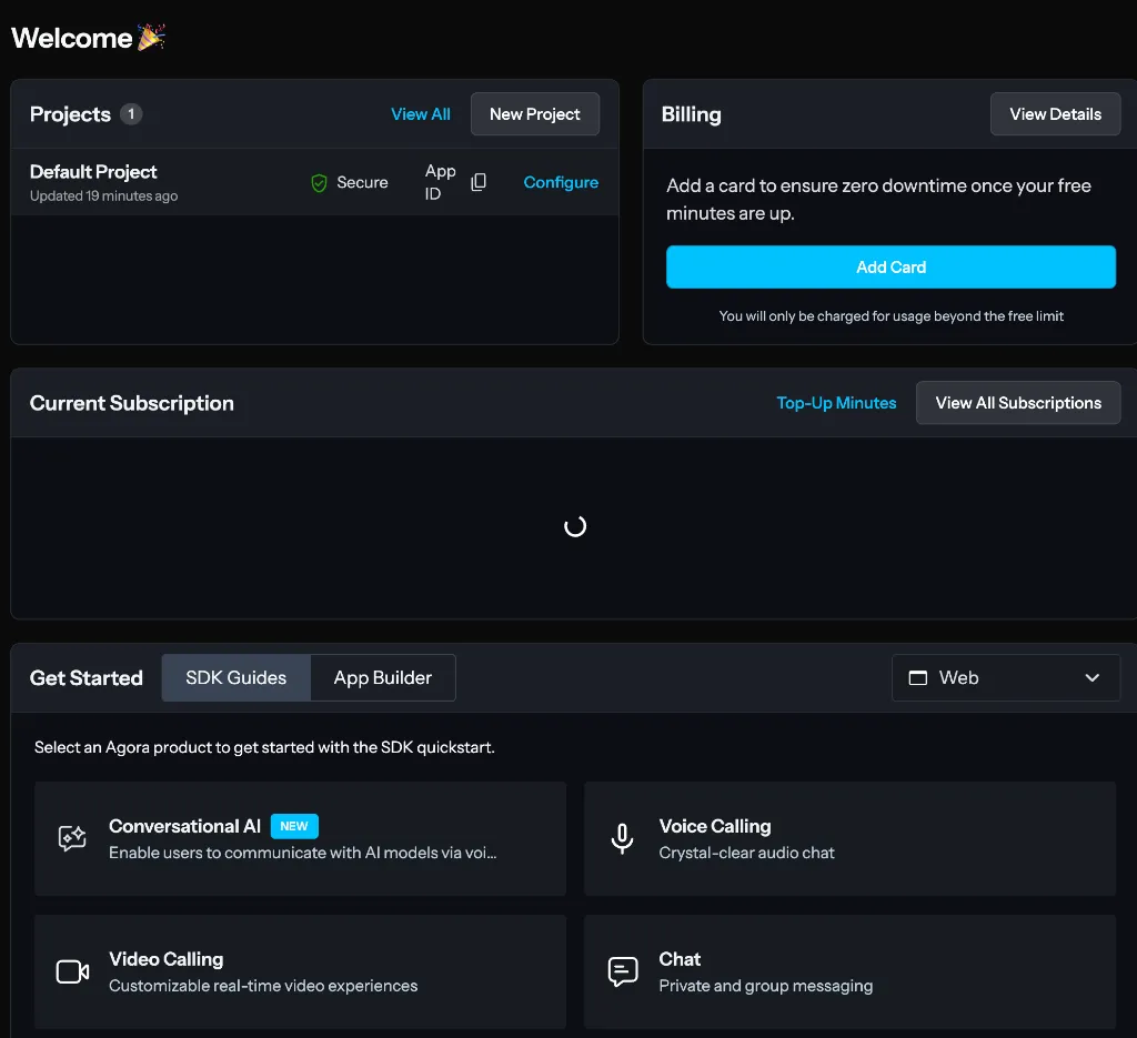Consola de Agora.io y botón Configure